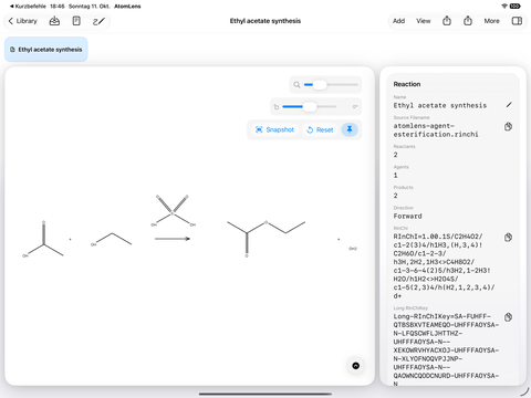 AtomLens 3.1 iPad zeigt die Ethylacetat-Synthese mit Schwefelsäure als Reaktionsmittel, den Reaktionspartnern, dem Quelldateinamen und RInChI an.