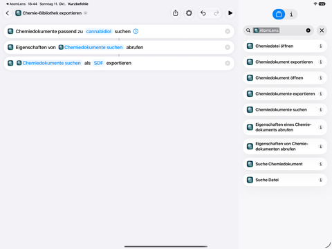 Tastenkombinationen auf iPadOS 27 für die Funktionen „Suchen“, „Stapel-Eigenschaften“ und „Stapel-Export“ in AtomLens 3.1 in der deutschen Benutzeroberfläche.