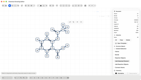 AtomLens 3.0 Mac – Editor für chemische Strukturformeln mit einer vollständigen Aspirin-Strukturformel, chemischen Werkzeugen und Validierungsdetails.