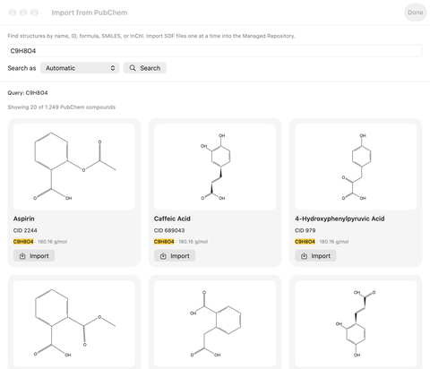 AtomLens 3.0 Mac PubChem – Formelsuche nach C9H8O4, die Aspirin und andere passende Verbindungen mit individuellen Importkontrollen anzeigt.