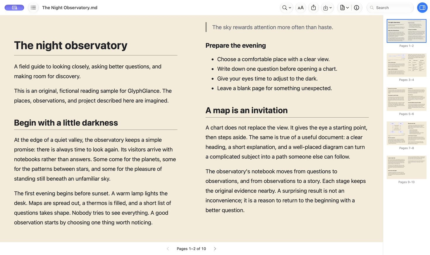 GlyphGlance 1.4 showing a two-page spread with its native reading toolbar and sepia theme.