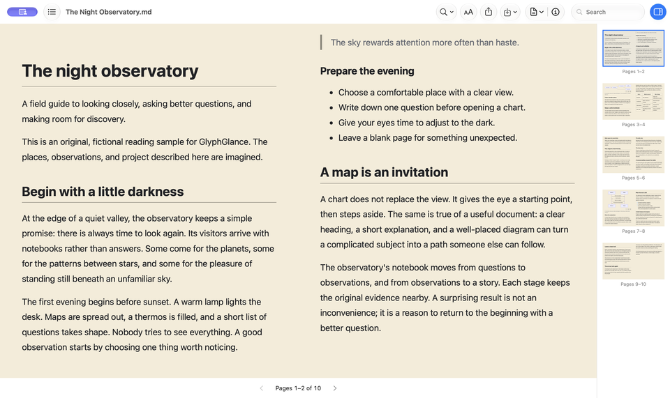 GlyphGlance 1.4 build showing sepia two-page reading and spread thumbnails.