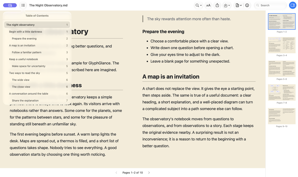 GlyphGlance 1.4 build showing the native Table of Contents with headings and reader page numbers.