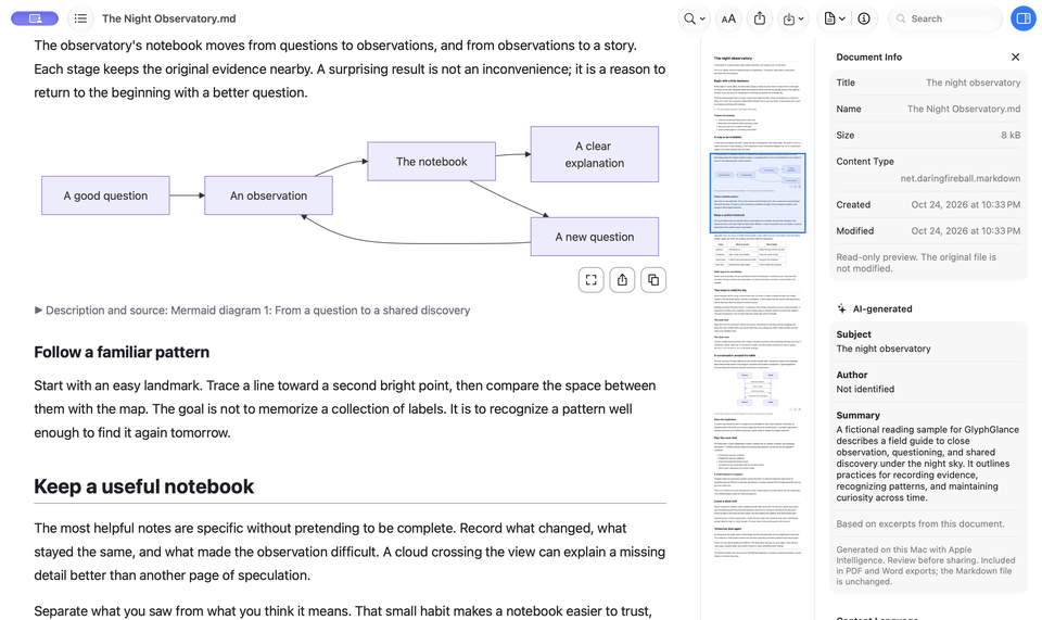 GlyphGlance 1.4 build showing a continuous minimap beside independently sized Document Info.