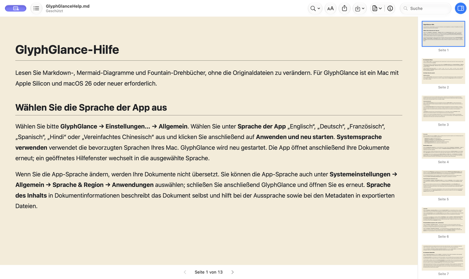 GlyphGlance 1.4 build showing its real German interface and bundled German Help.